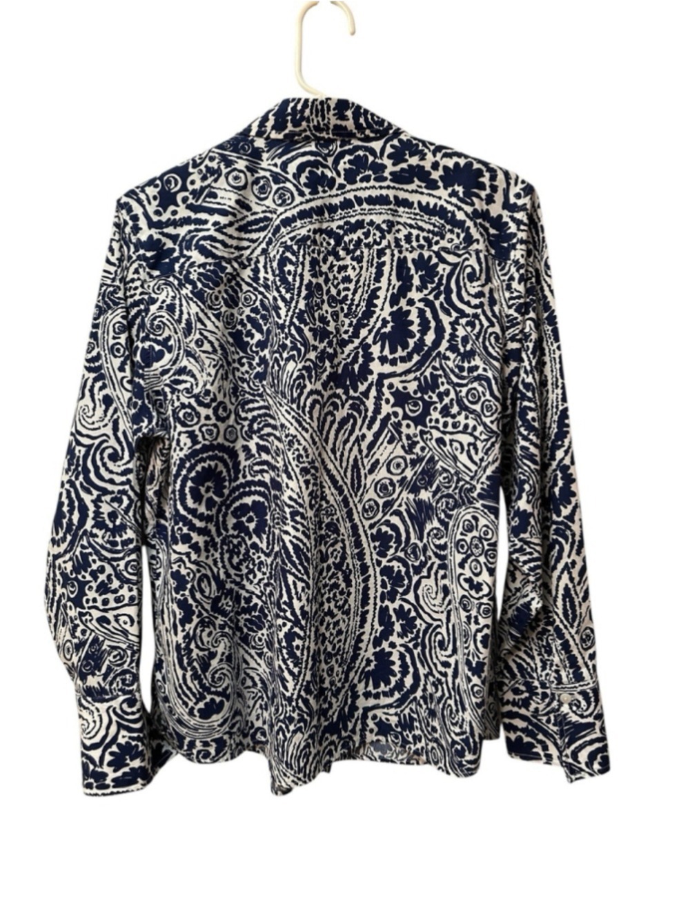 Foxcroft Chic Button-down Blouse Womens 14 Blue White Eclectic Floral Art Summer - Picture 16 of 17